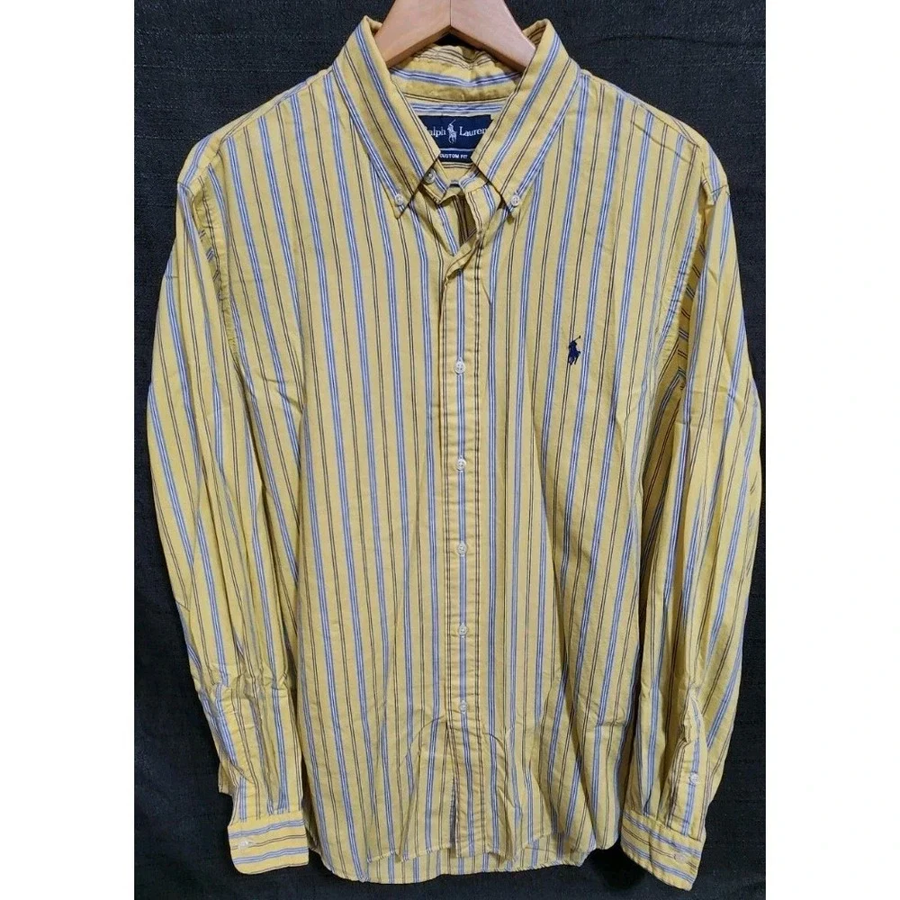 Polo Ralph Lauren Men XL‎ Dress Shirt Yellow Blue Stripe Custom Fit Button Up